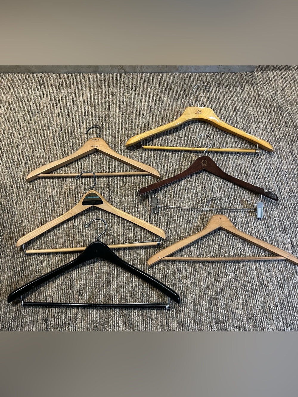 collection of 6 assorted vintage wooden suit clothes hangers
